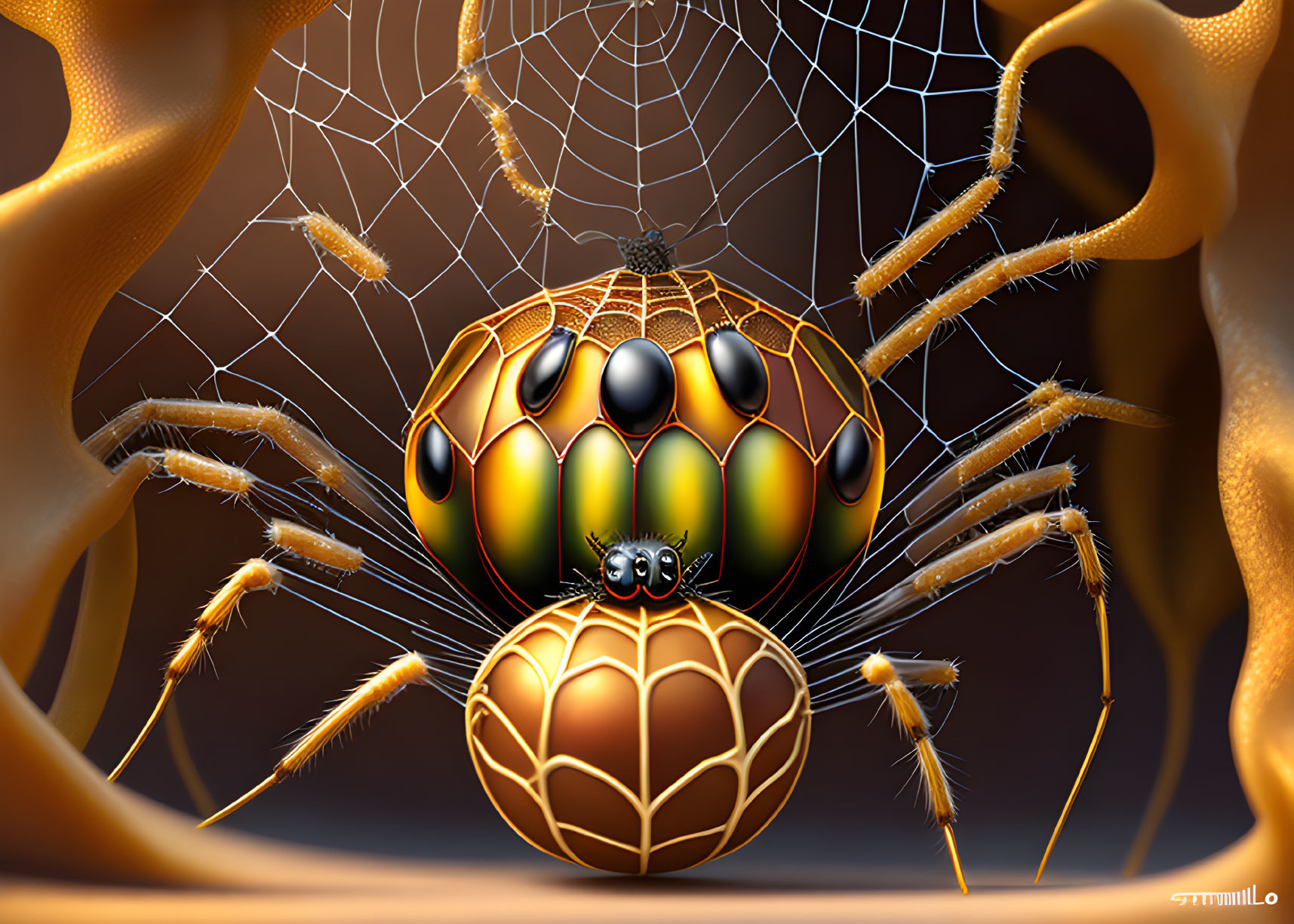 Detailed Digital Art: Stylized Spider in Ornate Web with Golden Tones