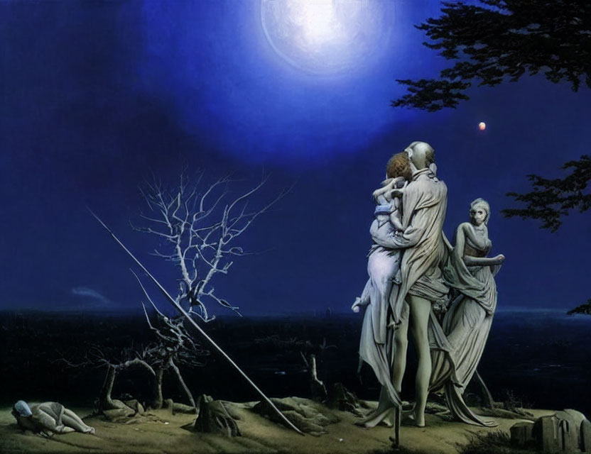 Moonlit Scene with Four Statuesque Figures in Classical Drapery Amidst Barren Landscape