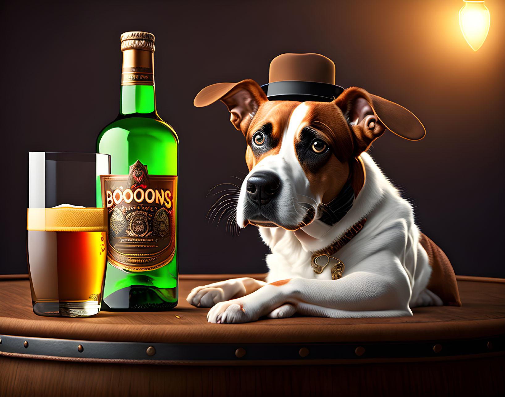 Dog with hat next to whiskey bottle and glass on wooden surface