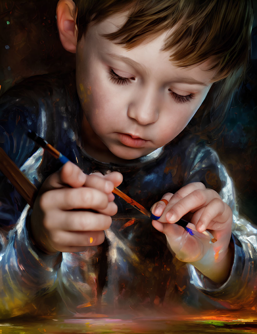 Young child painting egg with focused expression and paint smudges on face and hands