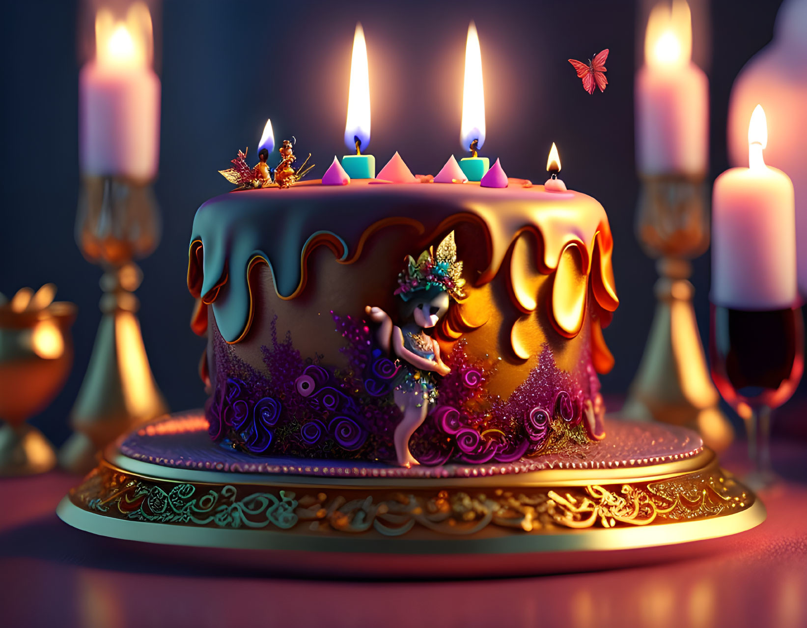 Whimsical birthday cake with lit candles and ornate icing designs