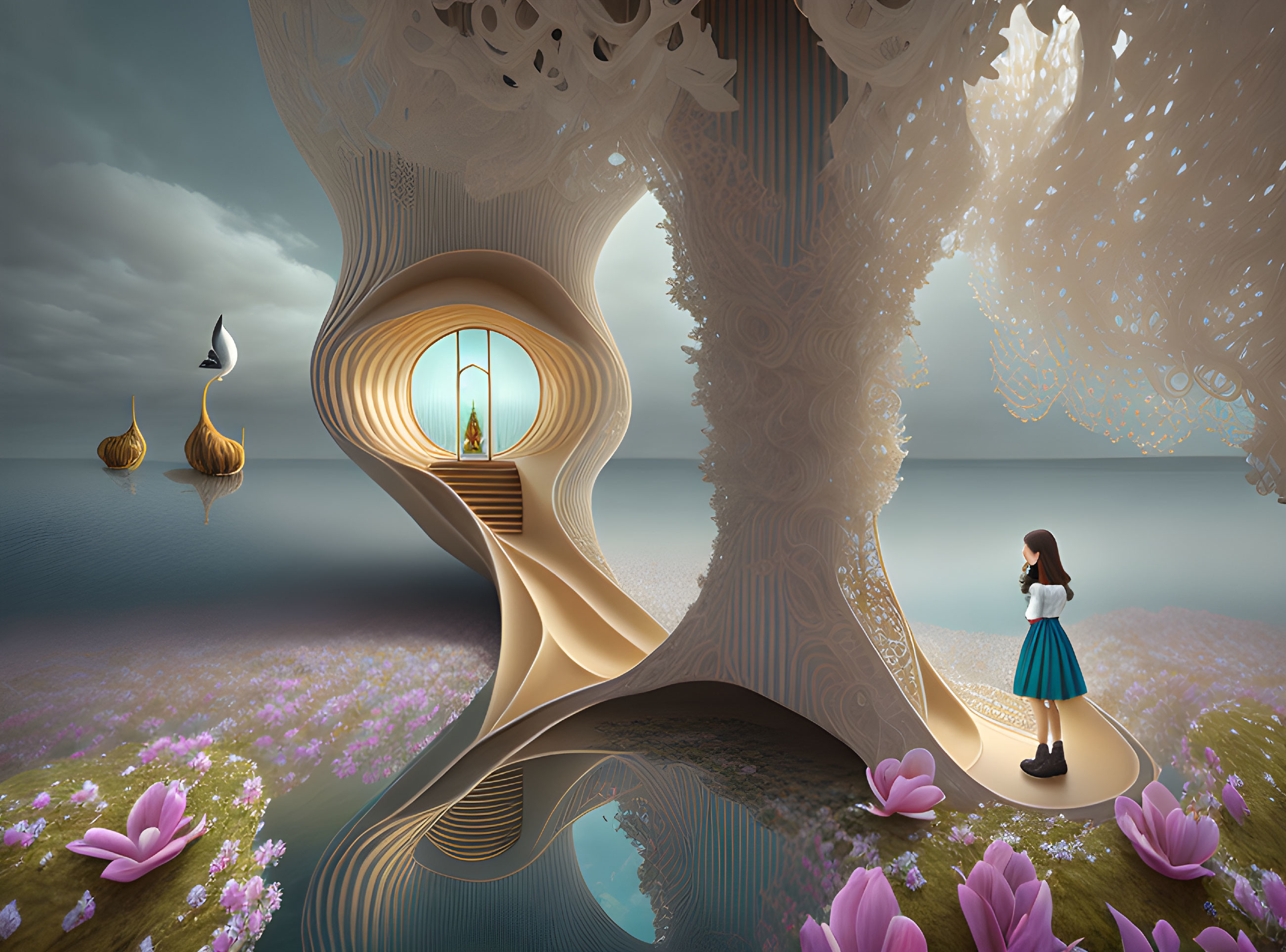 Fantastical treehouse with girl, floating lamps, vibrant flowers under moody sky