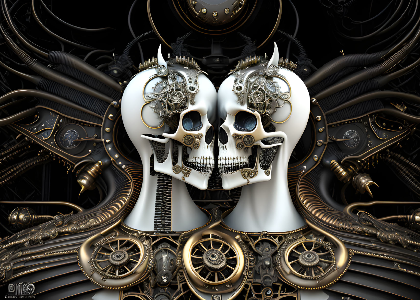 Steampunk skulls with intricate mechanical details and gear backdrop.