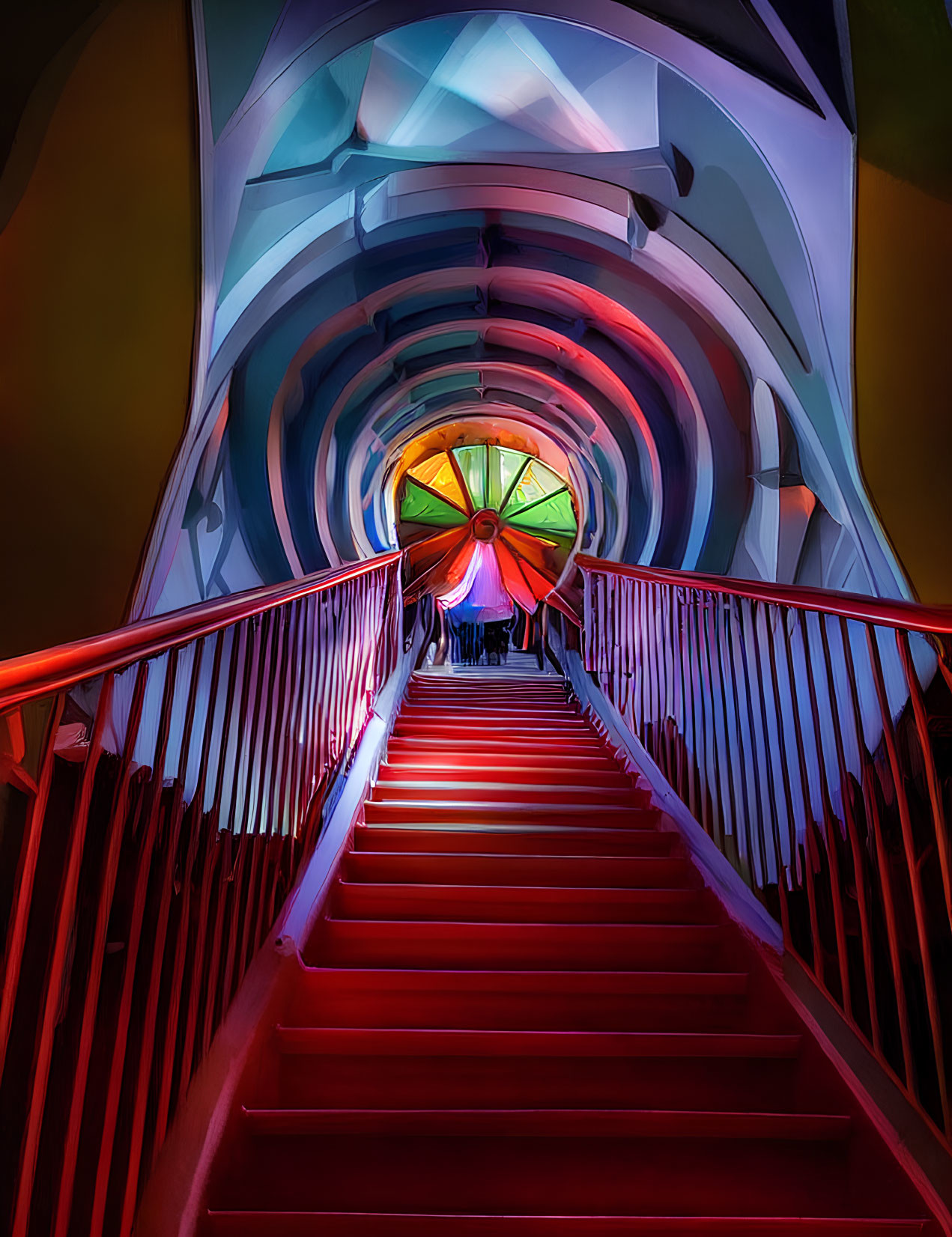 Colorful Corridor with Red Staircase & Stained-Glass Window