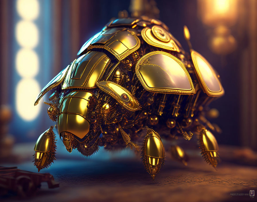 Detailed Steampunk Turtle with Mechanical Features and Golden Accents in Softly Lit Room