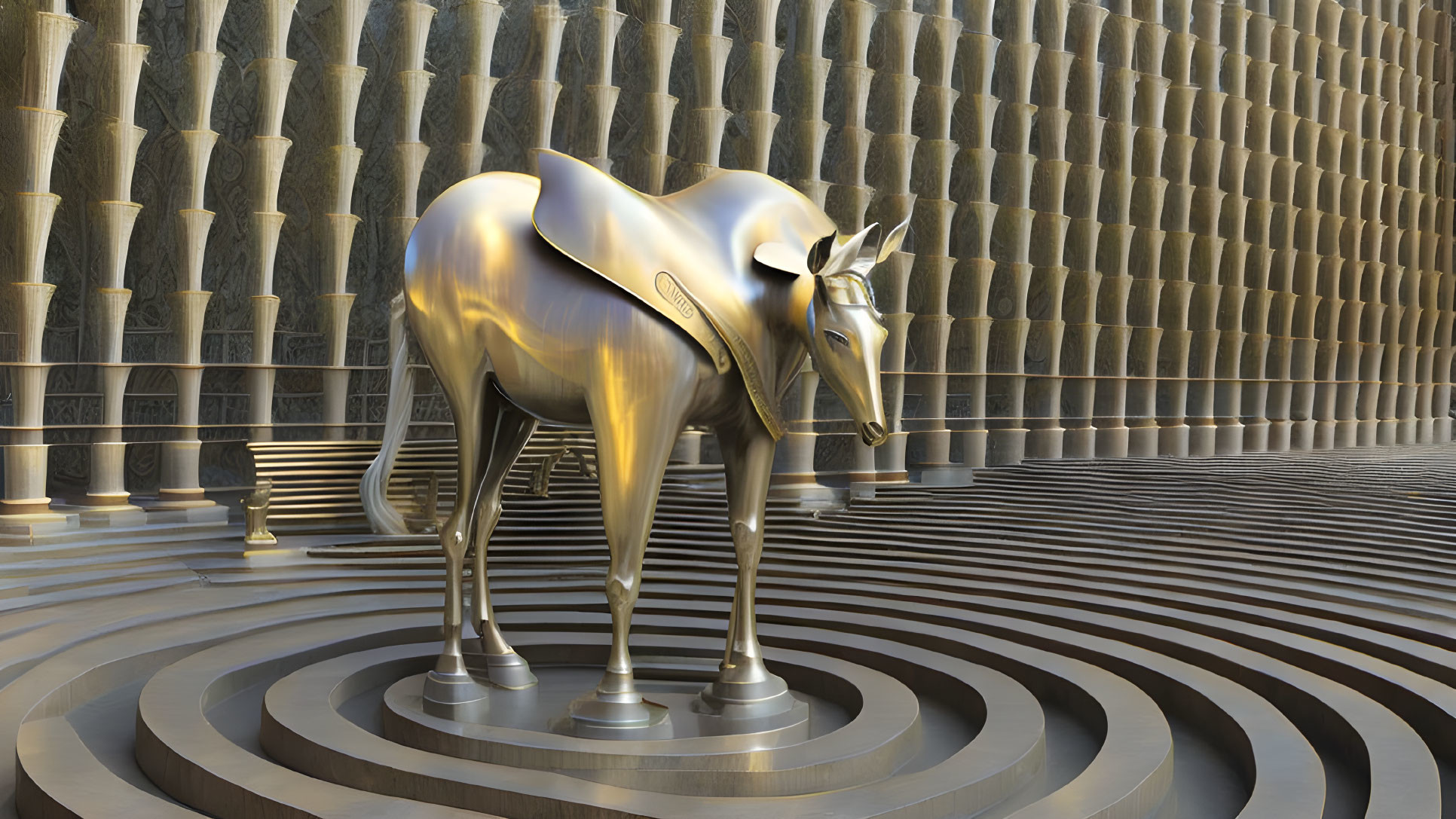 Metallic unicorn sculpture on spiral-patterned floor with cylindrical columns and railings in warm light