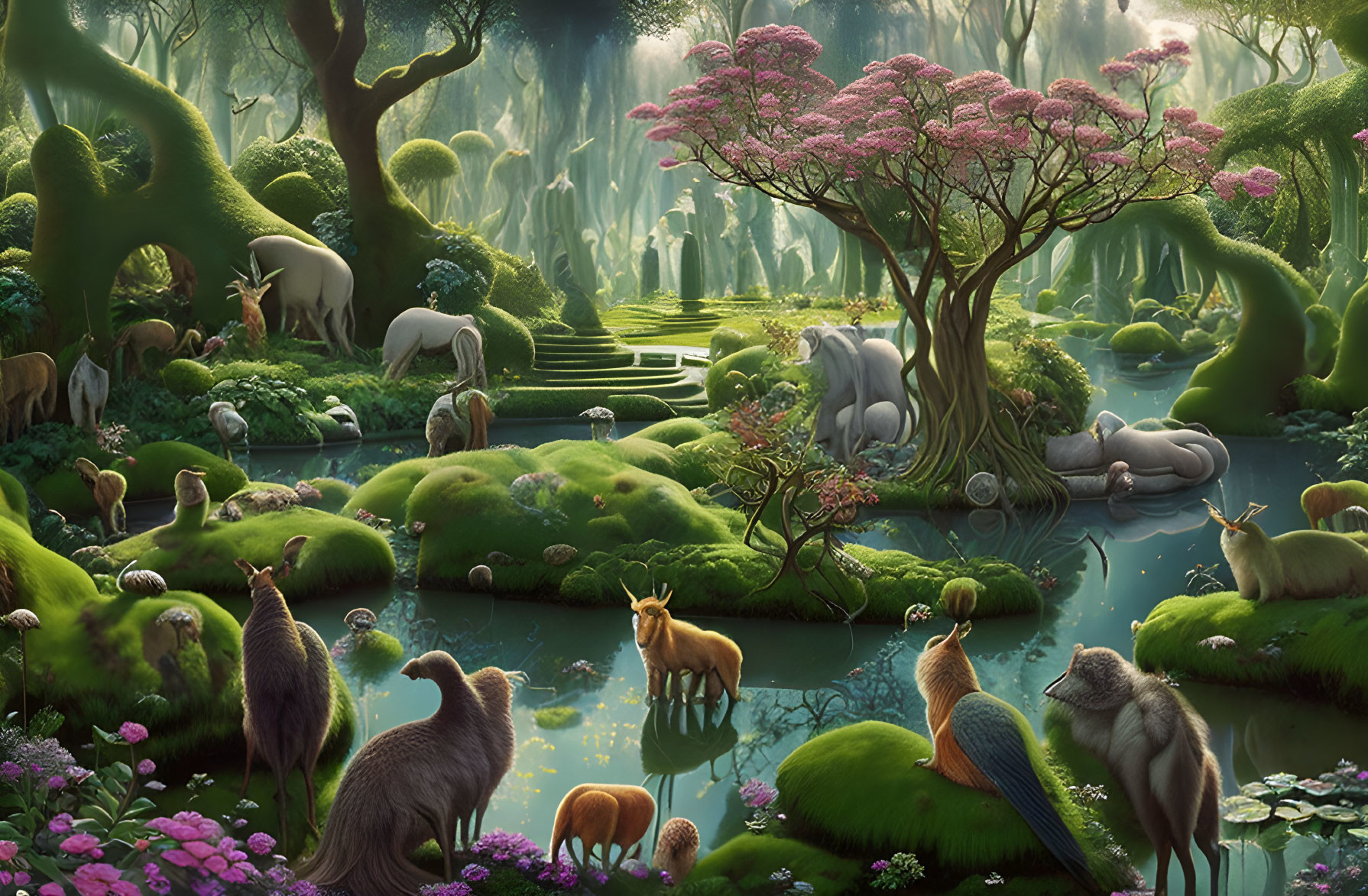 Mystical forest with vibrant tree, animals, and ethereal light