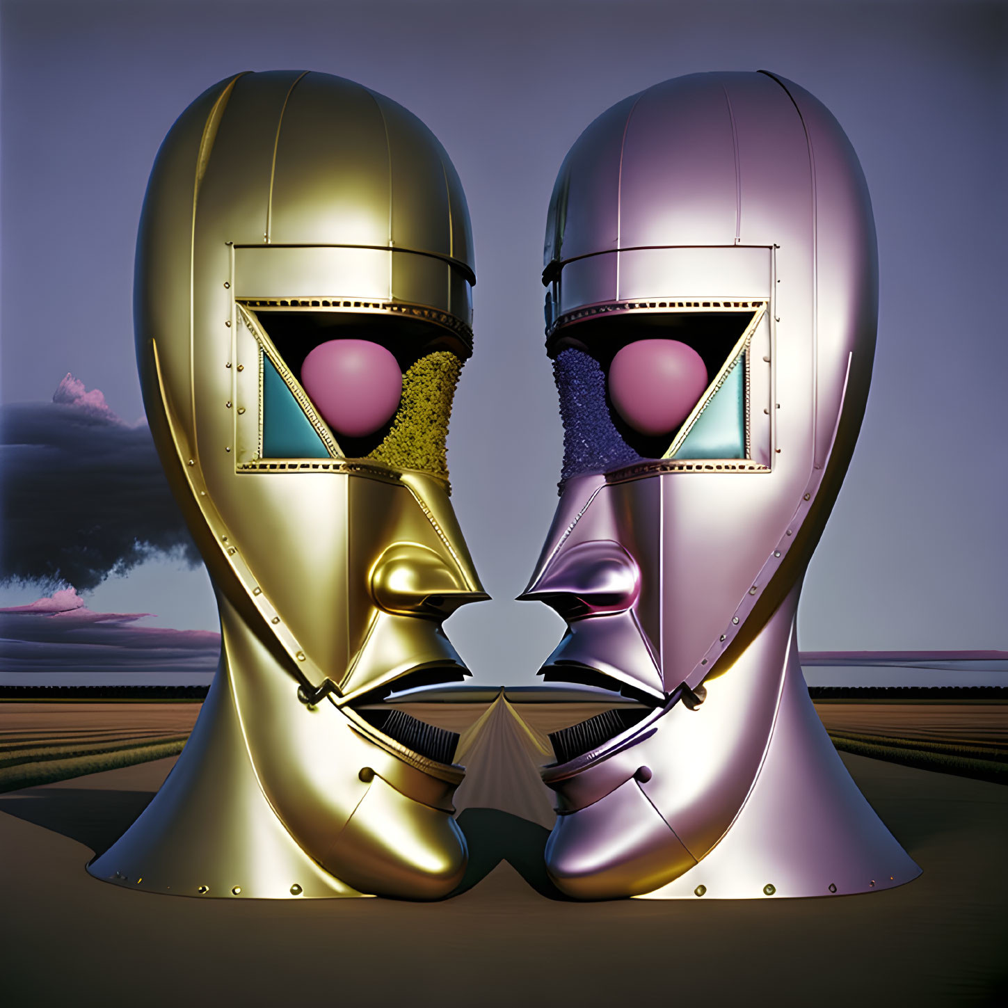 Reflective metallic knight helmets with pink bubble gum visors in evening landscape