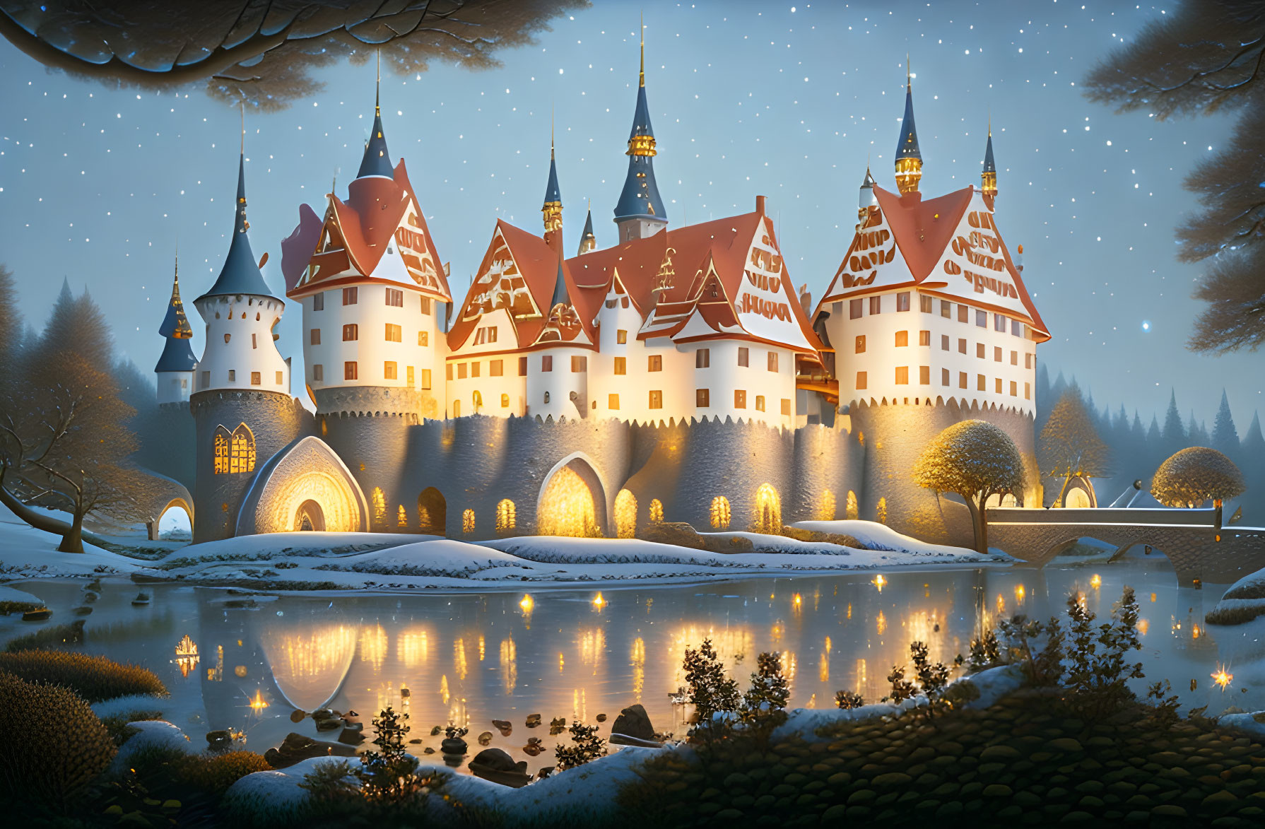 Enchanting fairytale castle in snowy night scene