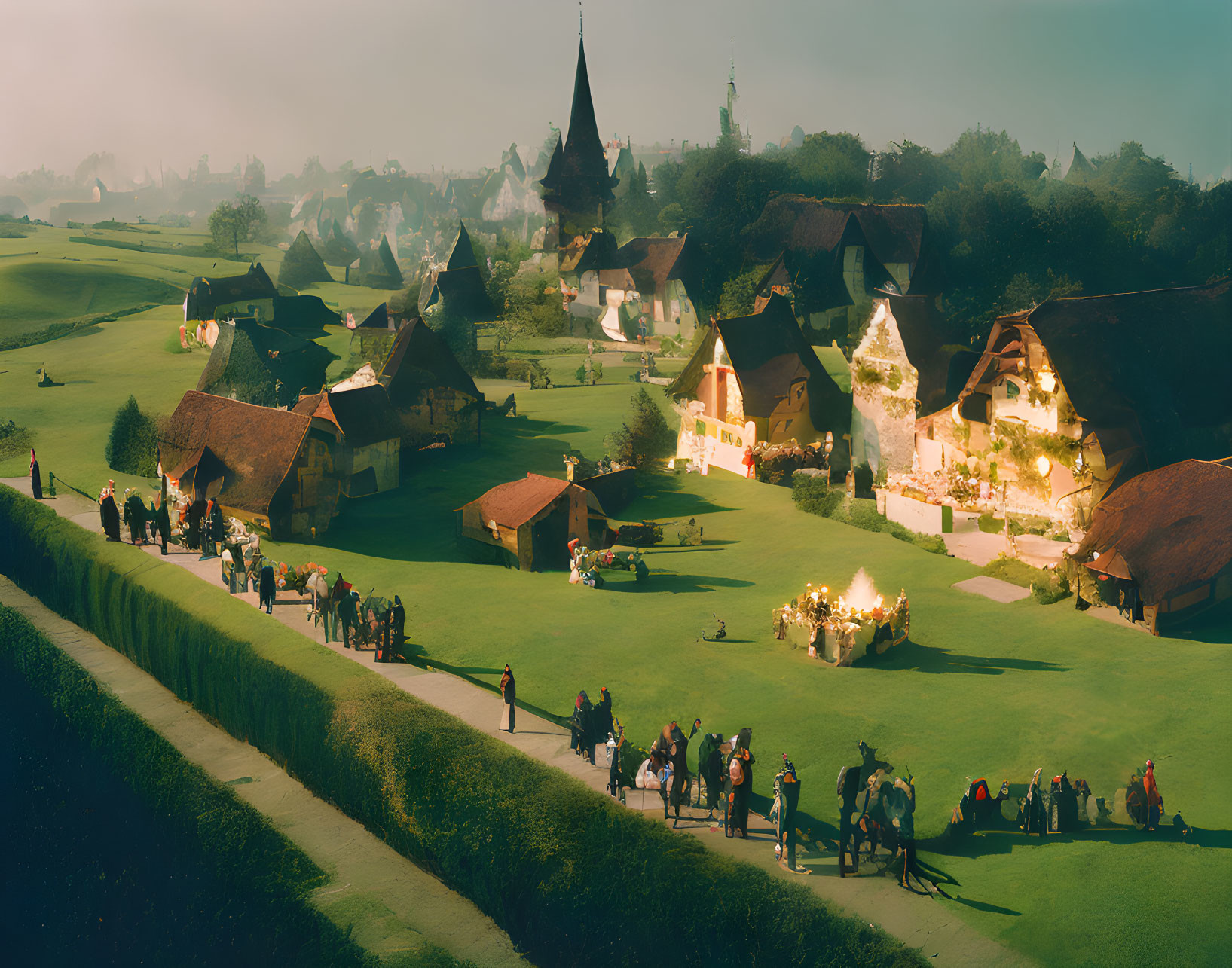 Charming village scene with thatched-roof houses and church tower at sunrise