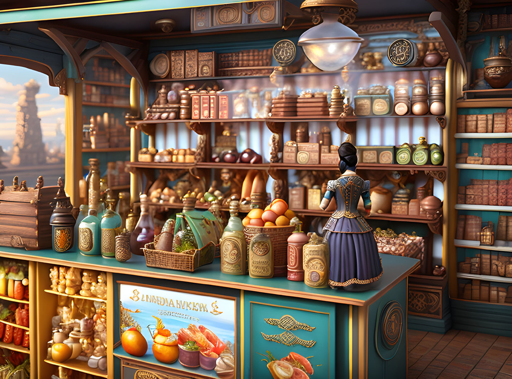 Victorian woman in dress at well-stocked potion shop with jars, bottles, and fruits