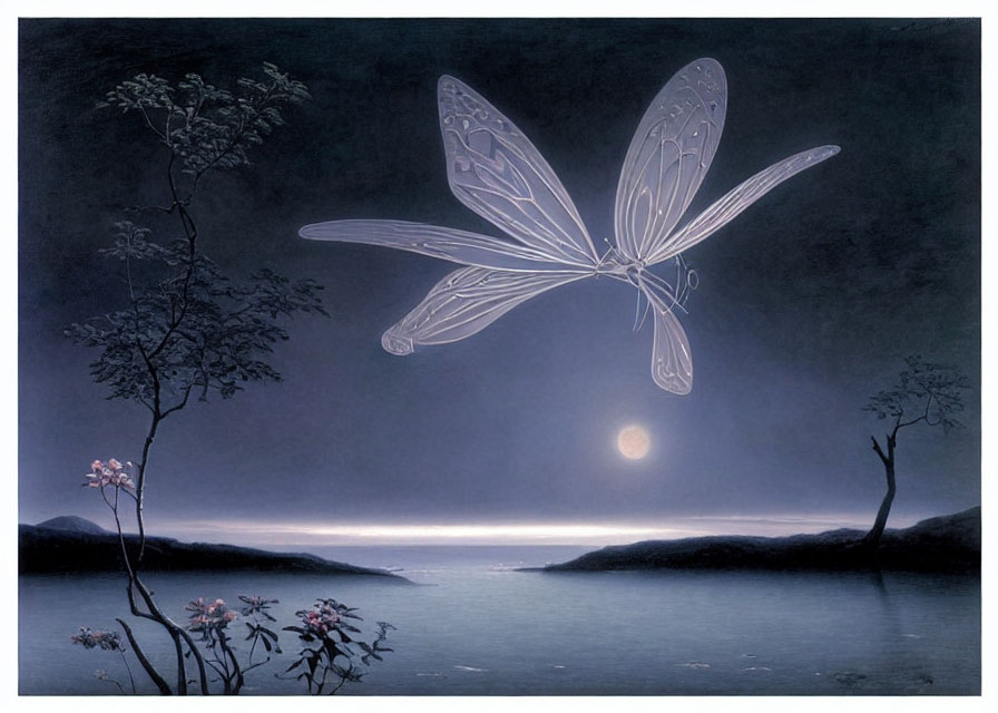 Translucent butterfly painting over serene lake with moon rising