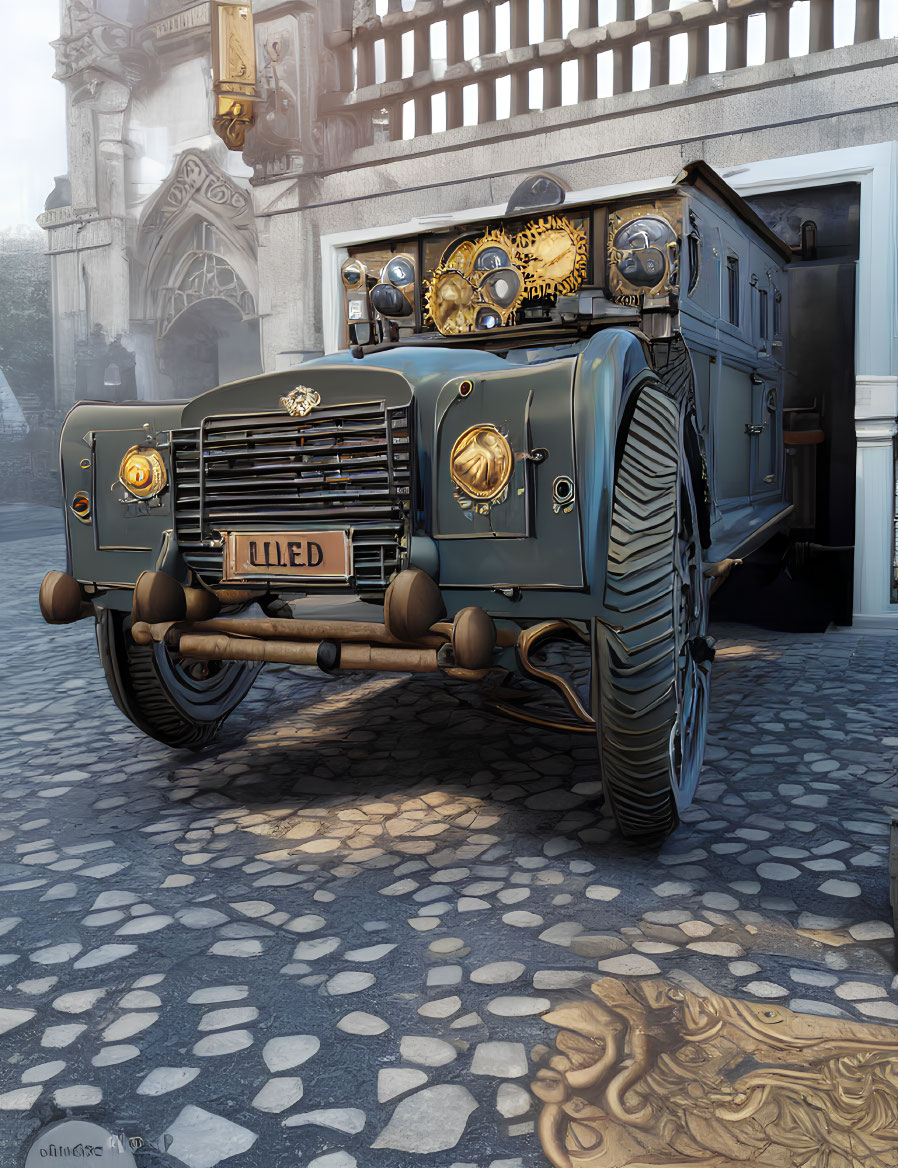 Retro-futuristic armored vehicle on cobblestone street