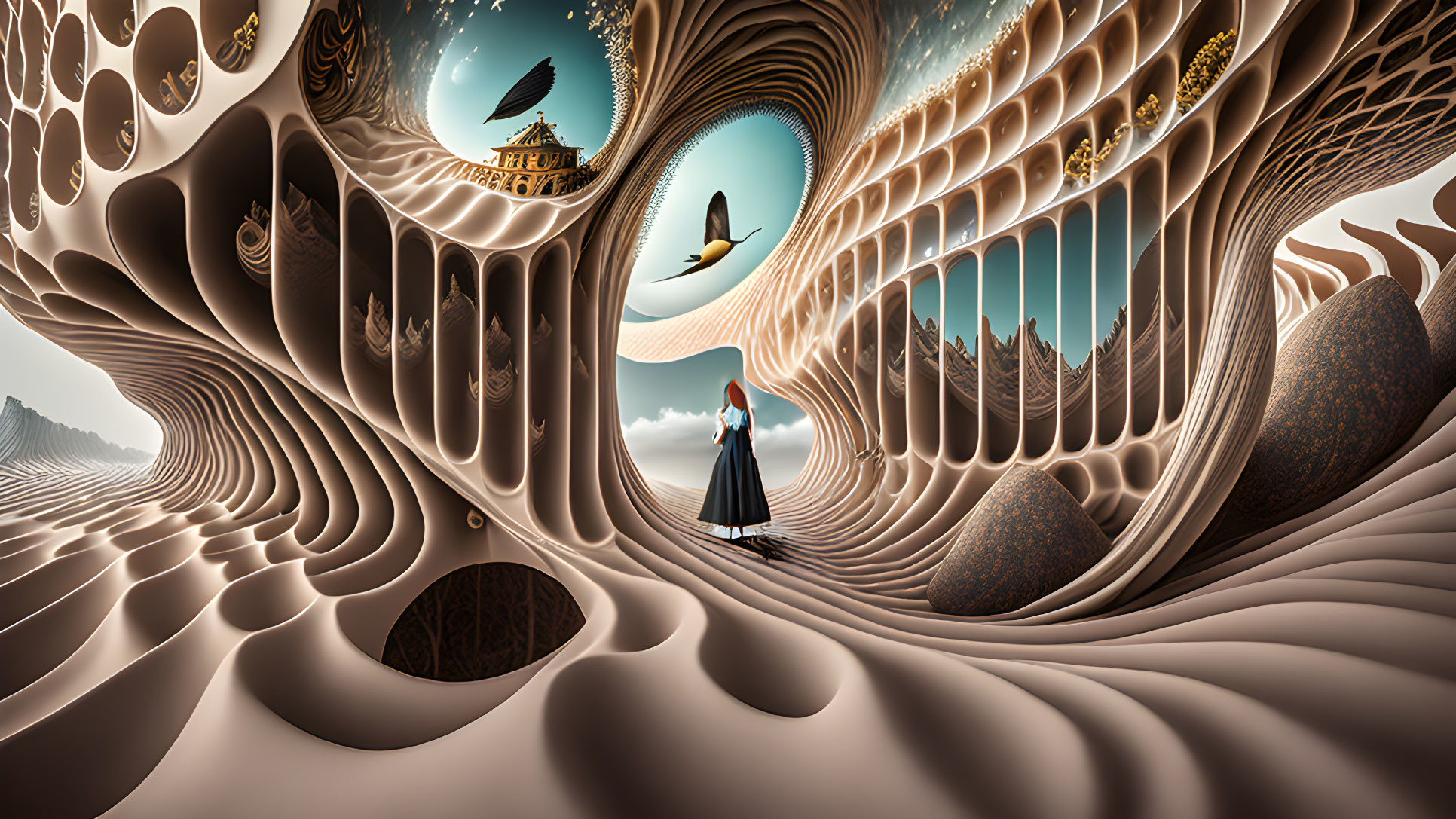 Surreal Landscape with Lone Figure, Flying Bird, & Whimsical Structures