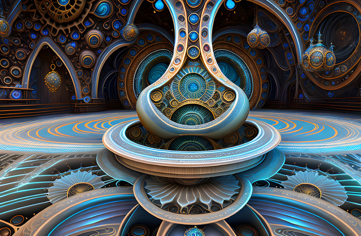 Intricate Blue and Bronze Fractal Design Art Piece