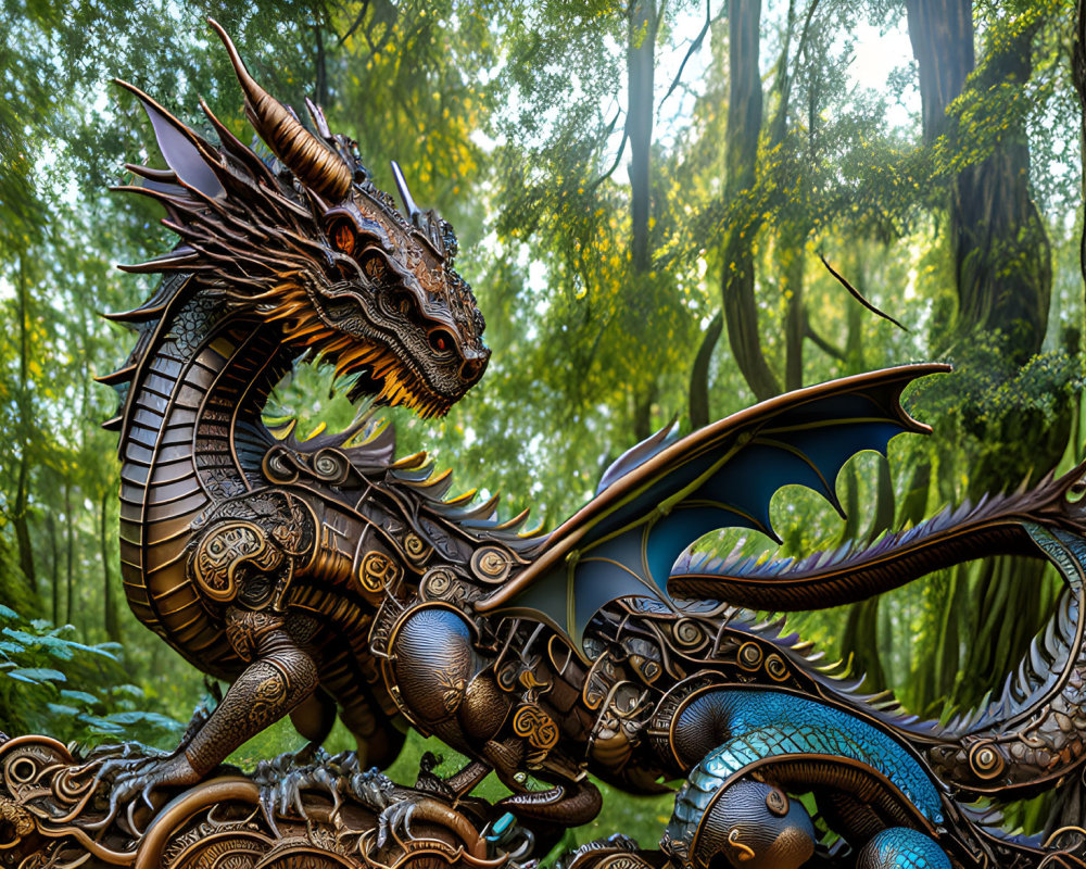 Mechanical dragon with bronze and blue scales in lush forest setting