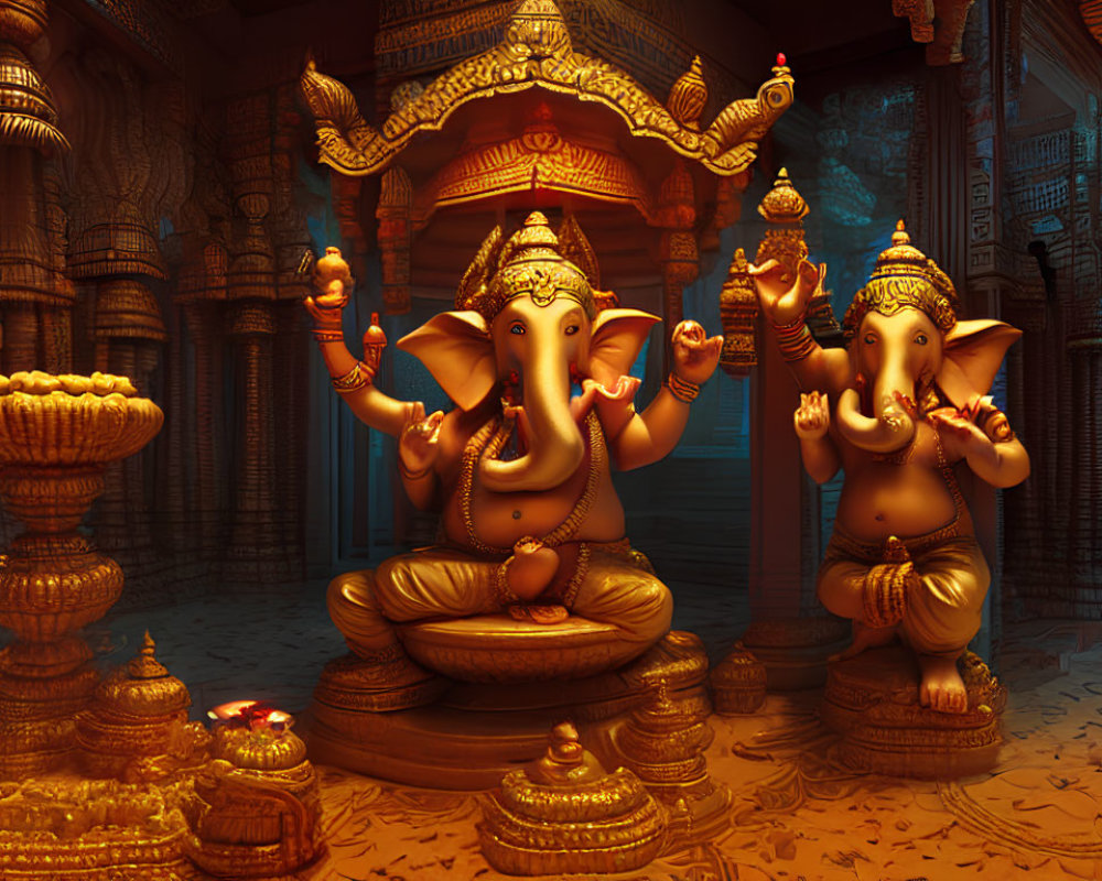 Intricate Hindu temple with golden Ganesha statues