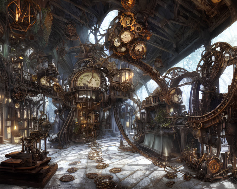 Steampunk interior with brass gears, clocks, and mechanical devices under a vaulted ceiling