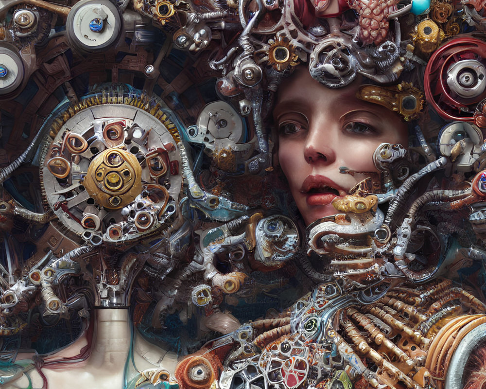 Steampunk-inspired woman's face with mechanical parts and gears fusion