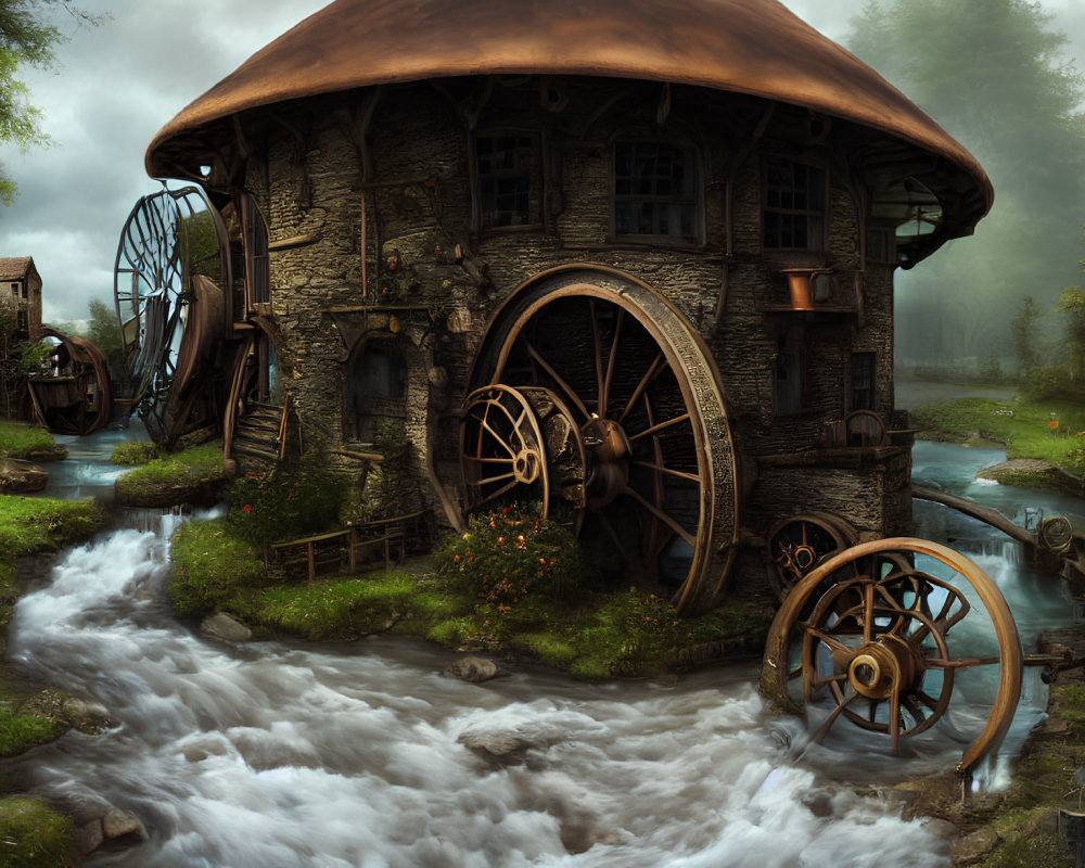 Whimsical cottage with waterwheels in serene forest scene