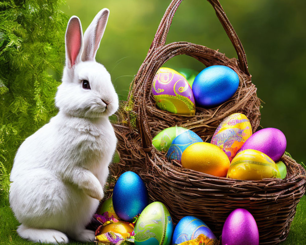 White rabbit with Easter eggs in wicker basket on green background