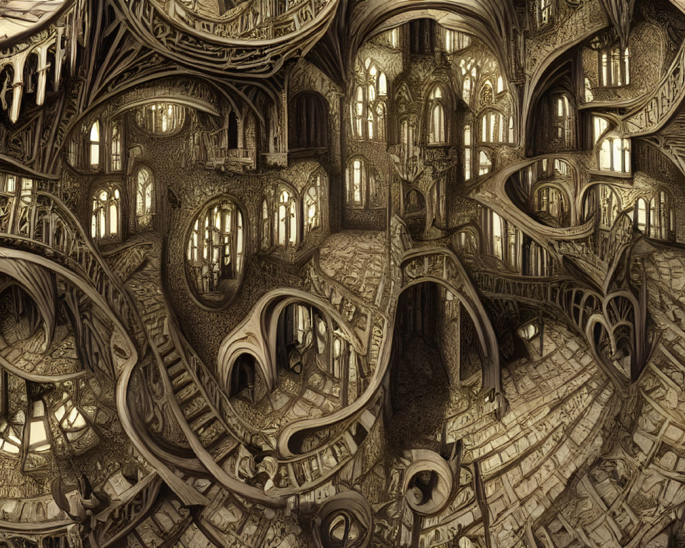 Detailed surreal architectural illustration with winding staircases and arches in sepia tone