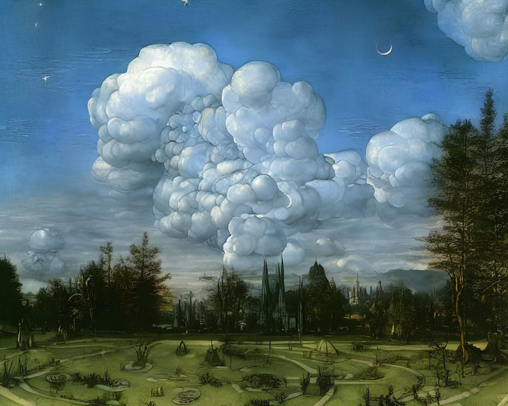 Surreal landscape painting with billowing clouds and detailed garden paths