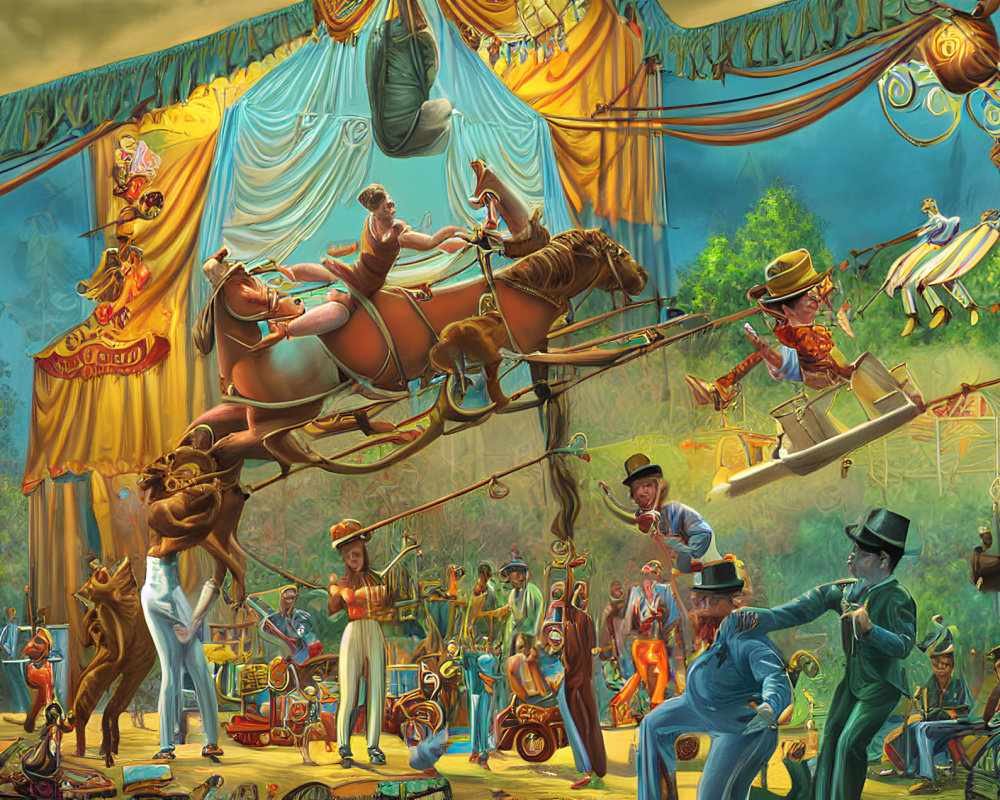 Colorful circus scene with acrobats, jugglers, and animal tamers performing under big top