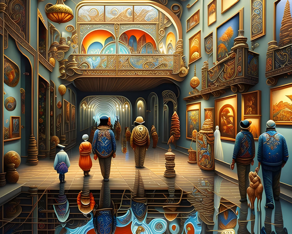 Colorful fantasy scene: People and animals in intricate, glowing hallway.