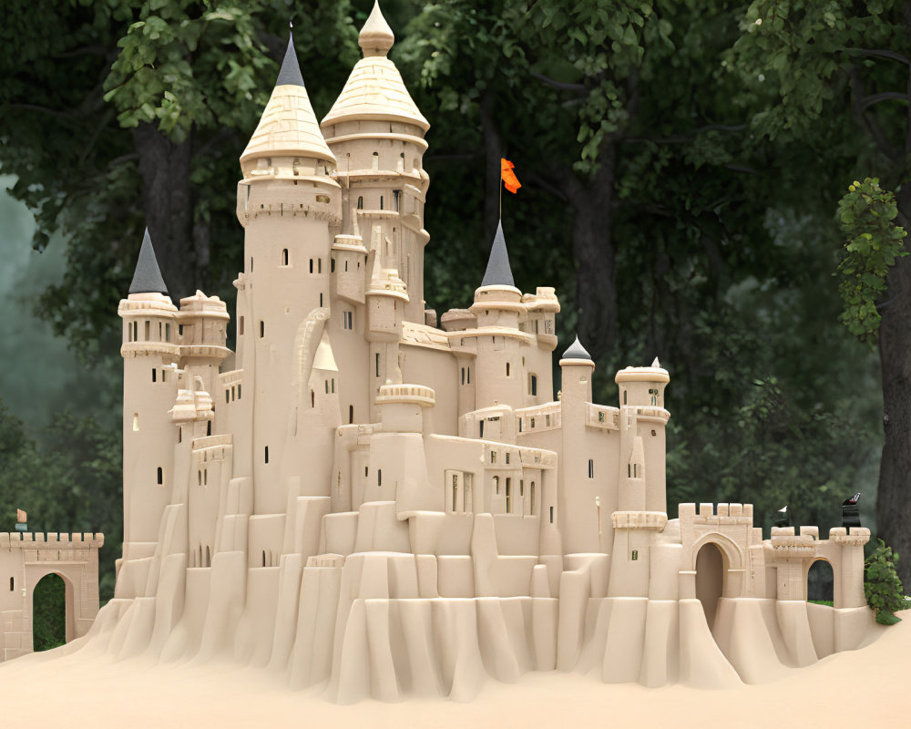 Detailed sandcastle with multiple towers and turrets against lush green trees