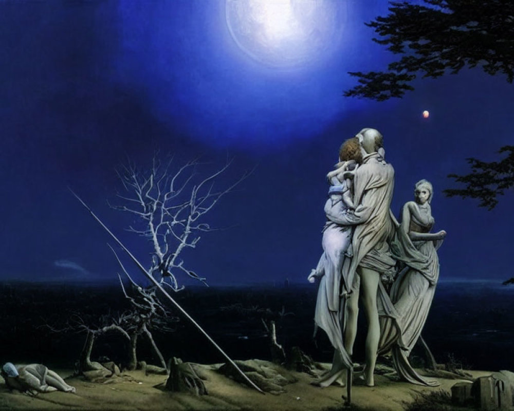 Moonlit Scene with Four Statuesque Figures in Classical Drapery Amidst Barren Landscape