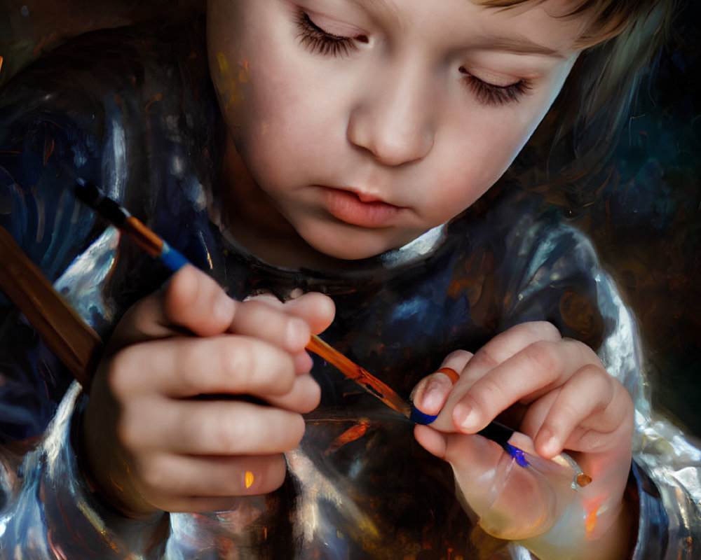 Young child painting egg with focused expression and paint smudges on face and hands