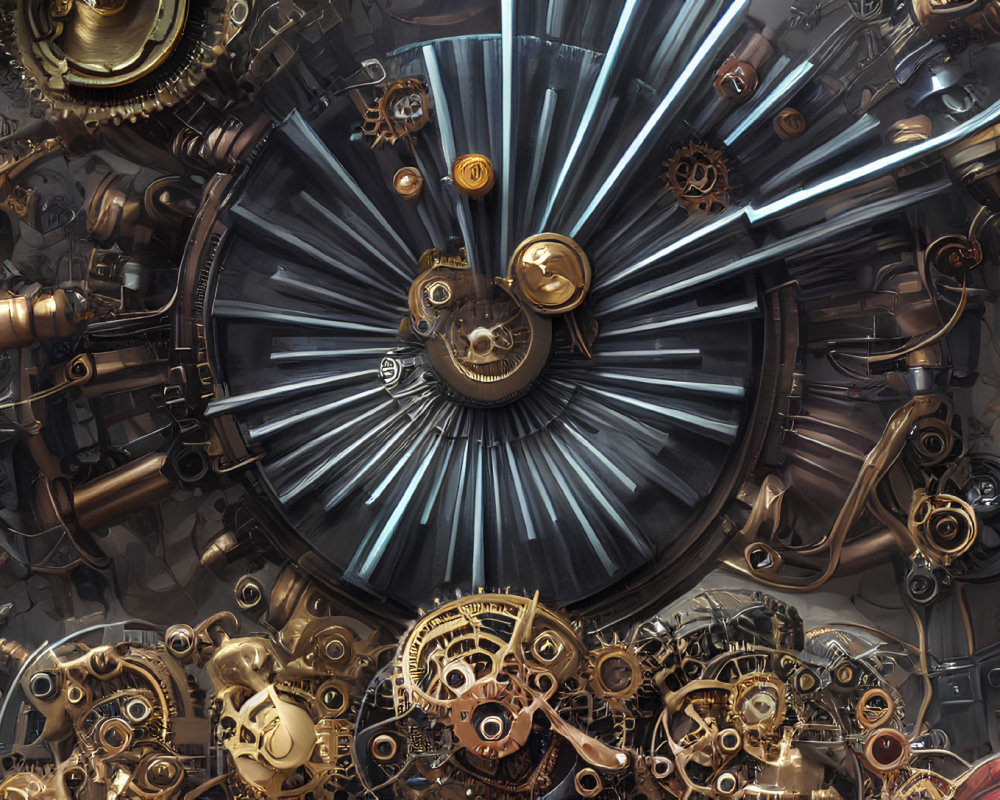 Intricate steampunk backdrop with gears, cogs, and pipes around a luminous mechanical