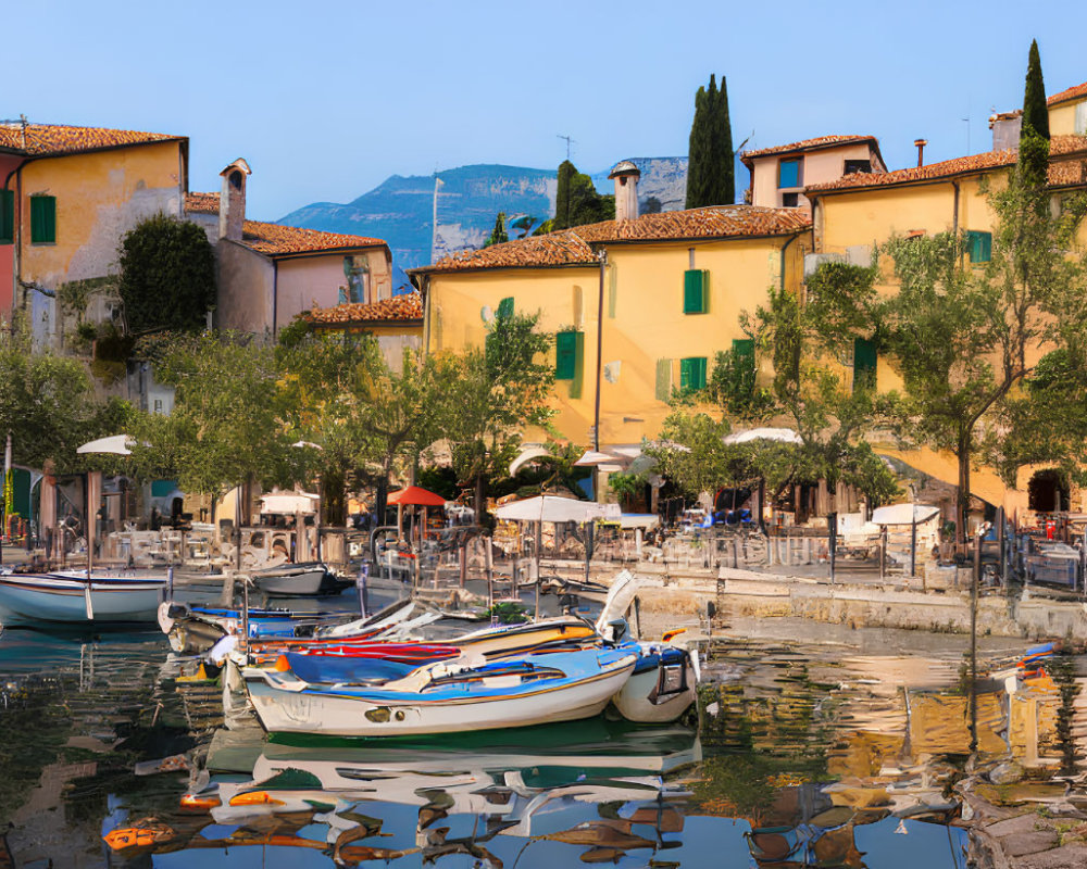 Vibrant lakeside buildings, boats, and mountains at dusk