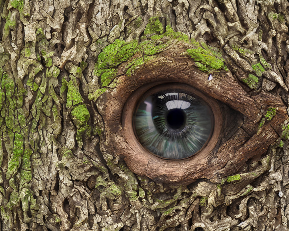 Detailed human eye in rugged tree bark symbolizing nature observation.