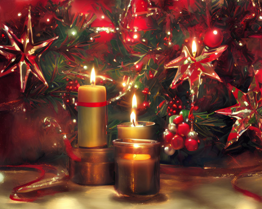 Festive Christmas Scene with Candles, Berries, Lights, Stars