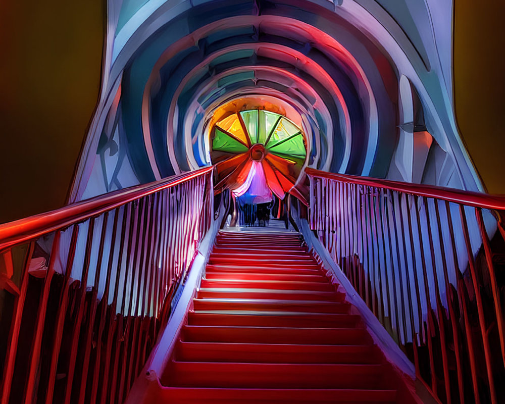 Colorful Corridor with Red Staircase & Stained-Glass Window