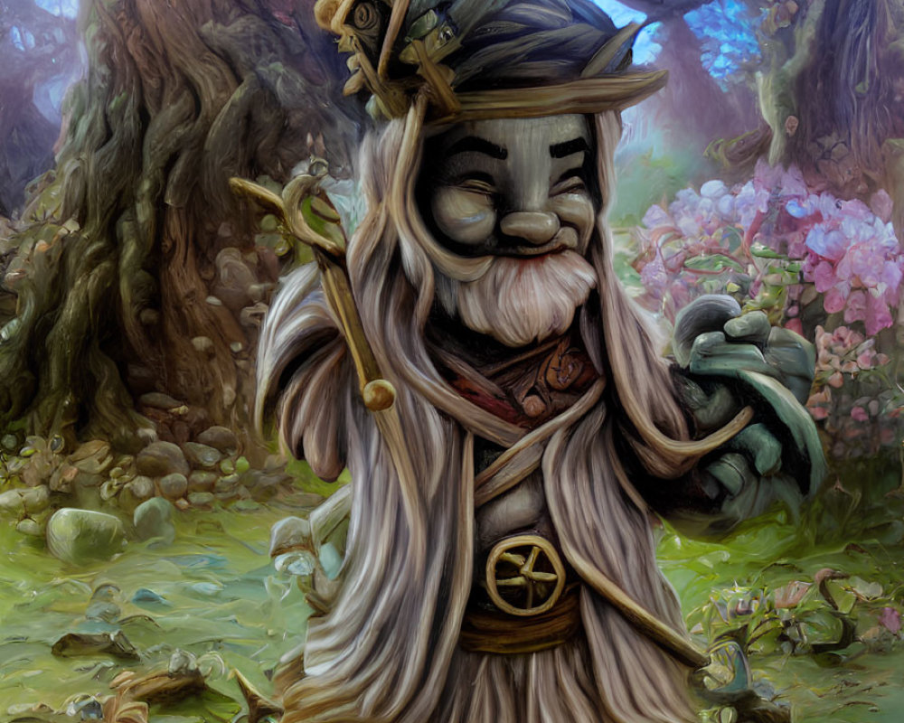 Elderly wizard with long beard in enchanted forest with vibrant flowers