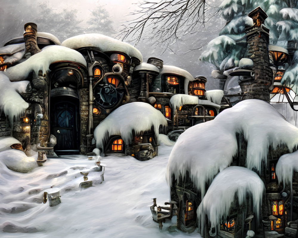 Snow-covered fantasy cottages nestled among frosted trees in a tranquil winter landscape