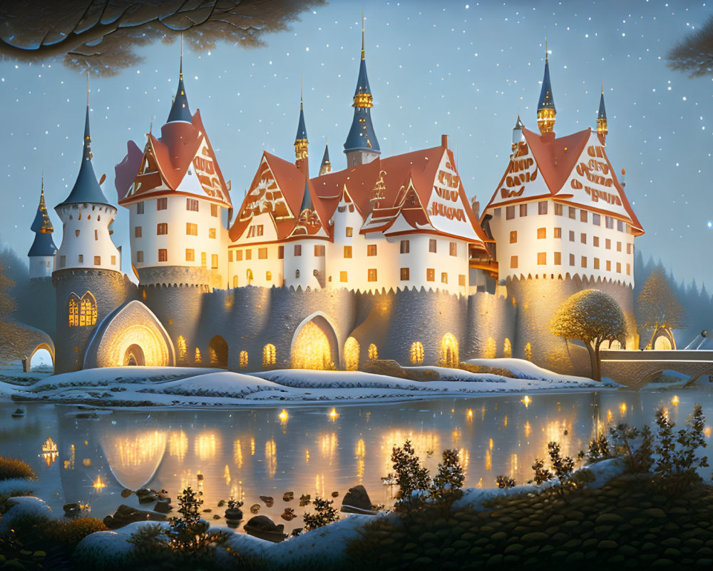Enchanting fairytale castle in snowy night scene