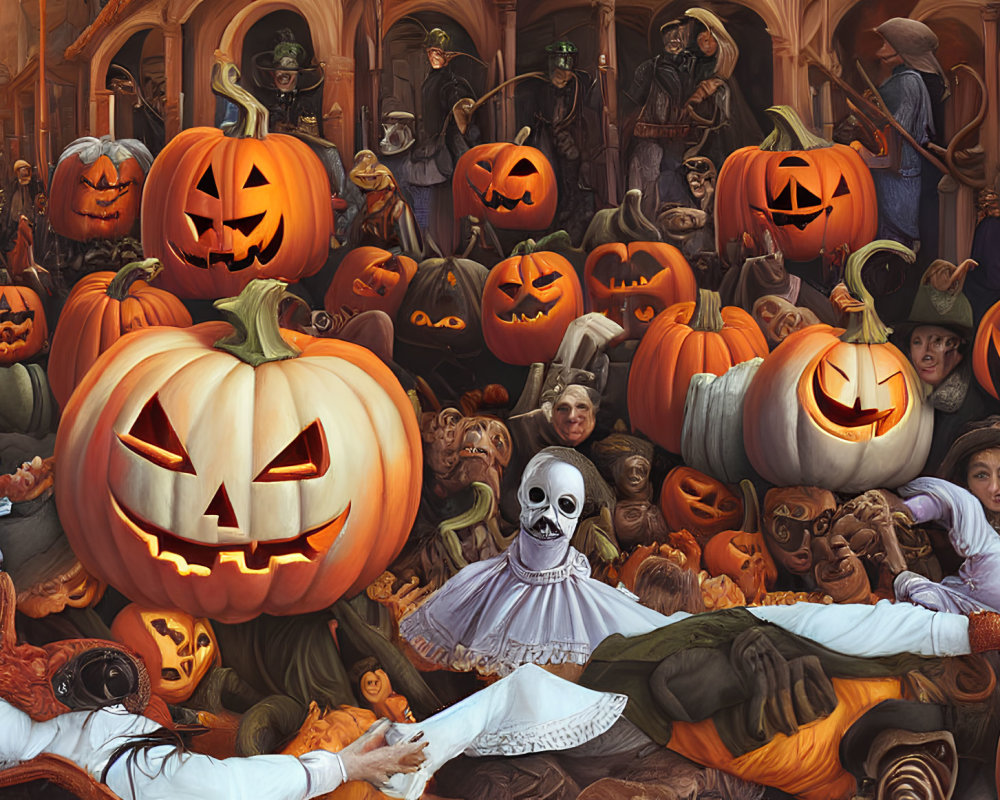 Colorful Halloween Costumes and Jack-o'-lanterns in Autumn Scene