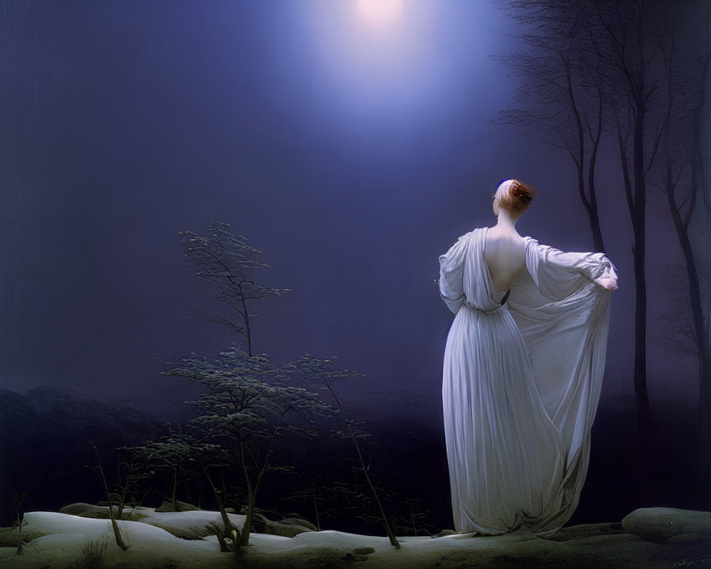 Woman in white dress standing in snowy moonlit landscape with bare trees