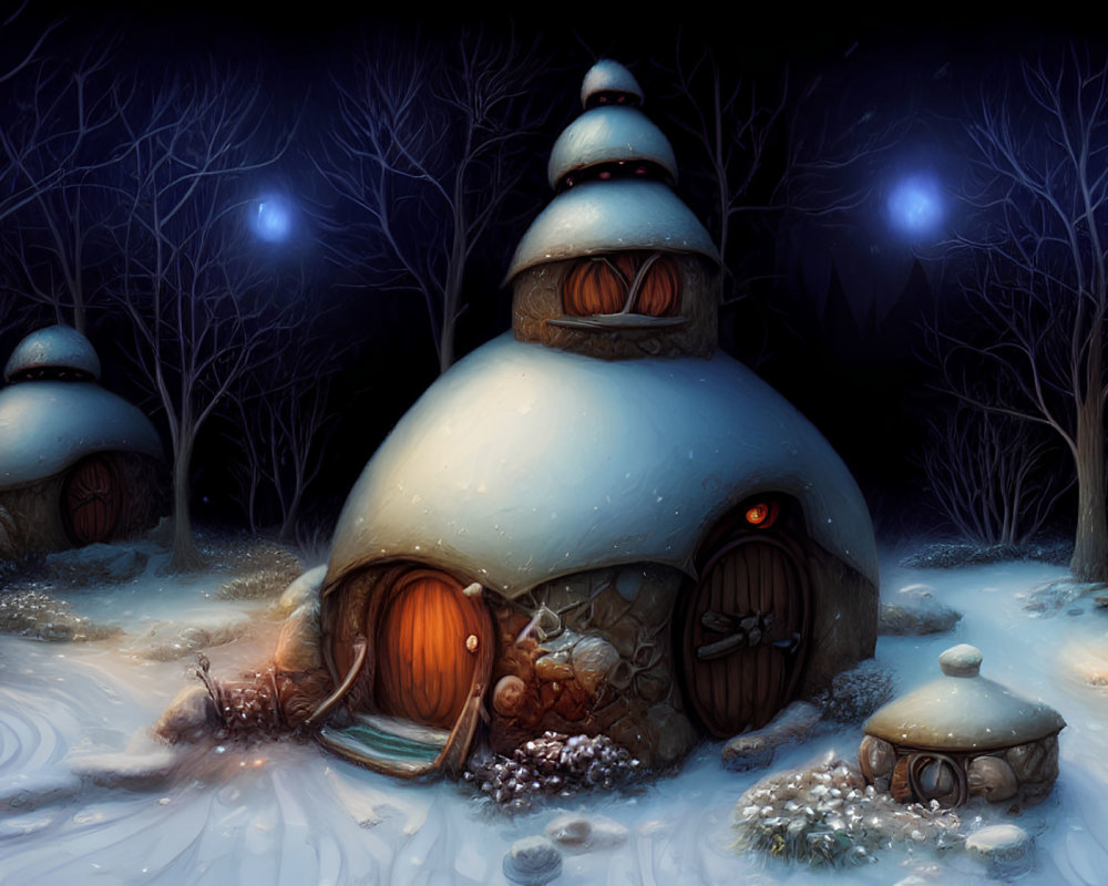 Fantasy huts in snow-covered forest under starry sky