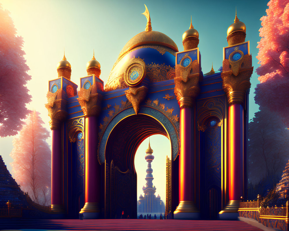 Colorful ornate gate with domes and towers under a sunset sky leading to a distant mystical structure