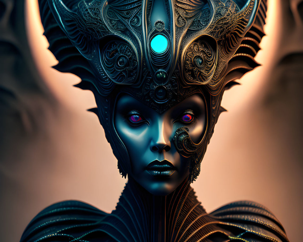 Digital artwork of woman with blue skin and ornate metal headdress and gem.