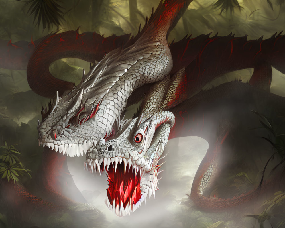 Two-Headed Dragon with Red Eyes and Spiny Frills in Misty Jungle