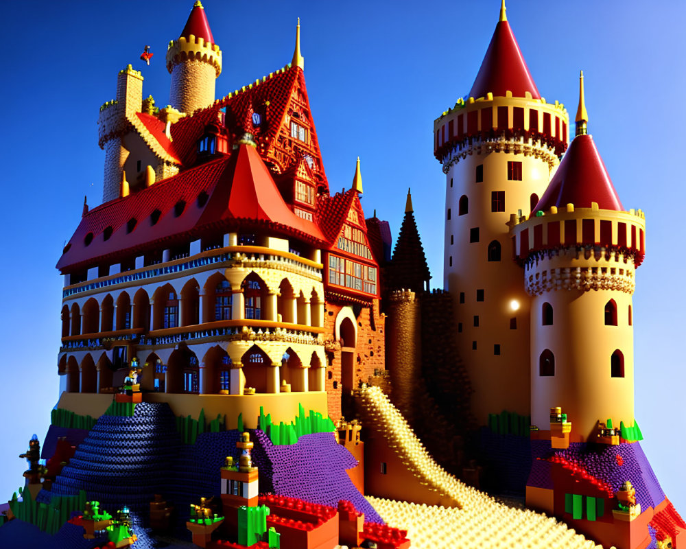 Vibrant LEGO castle with intricate towers and arched windows in a colorful landscape