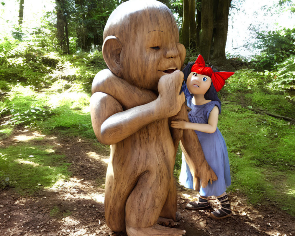 Wooden sculpture of seated creature observed by girl in forest setting