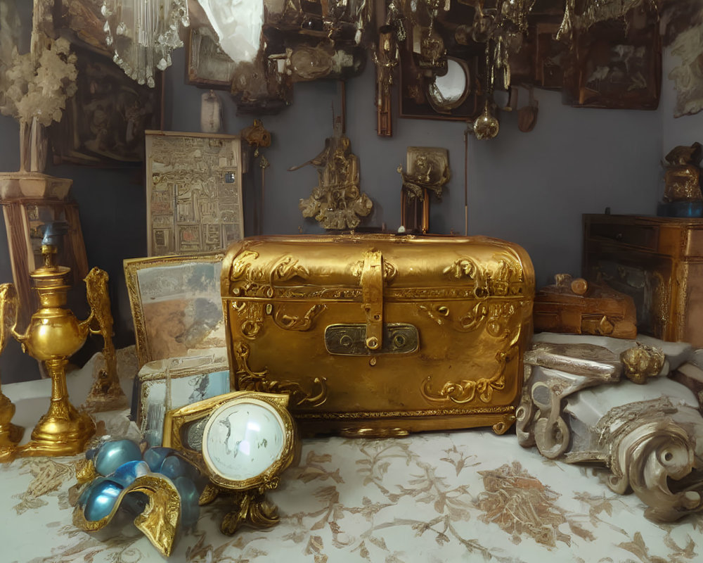 Vintage items collection with antique golden chest in dimly lit room