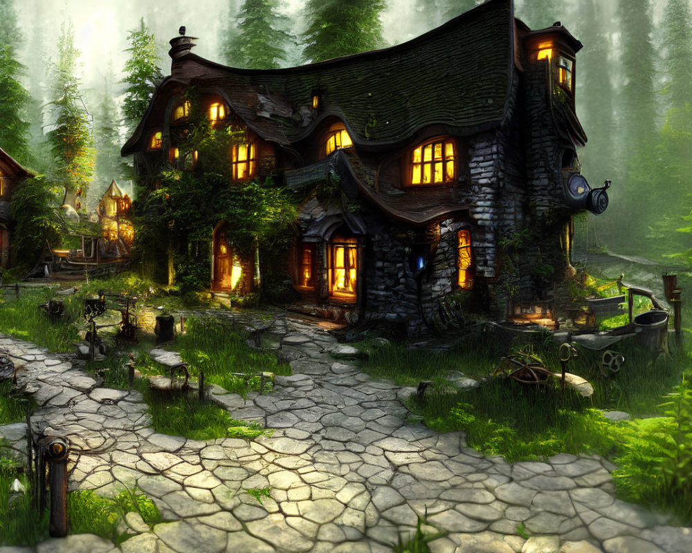 Cozy cottages in enchanted forest setting with warm lights and whimsical details